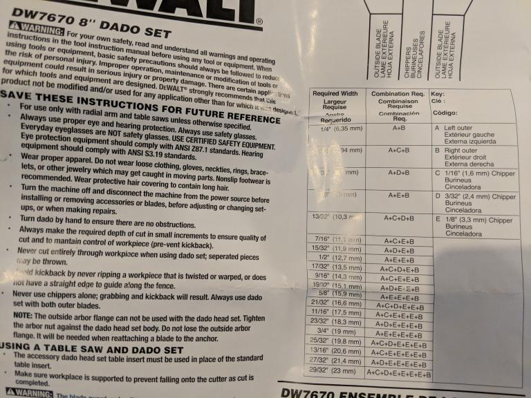 DeWalt DW7670 8″ Dado Set Reference