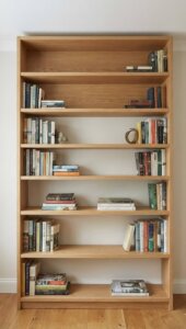 Handmade wide solid wood bookcase with center divider and traditional joinery details