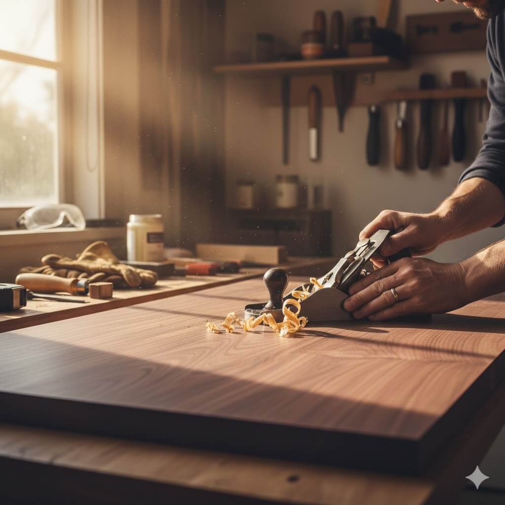 Close up of a woodworker hand planing a walnut table top for handcrafted furniture quality.