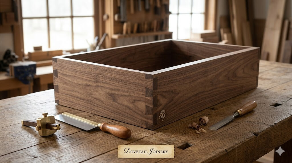 A handcrafted solid drawer box with custom dovetail drawer joinery.