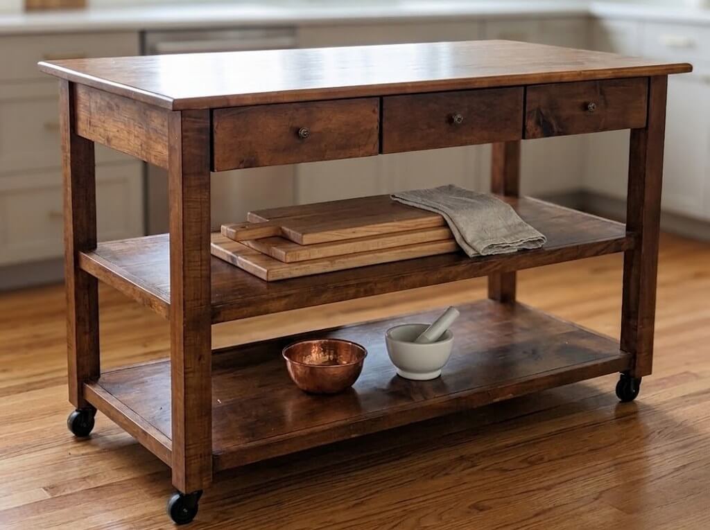 Rolling kitchen island in solid hard maple with three drawers and two shelves, handmade by Canterbury Woods Creations