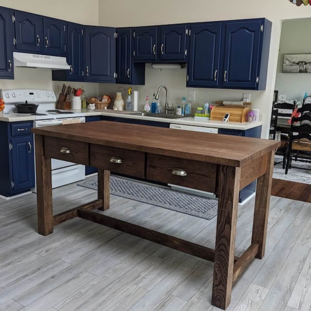 Handmade white oak kitchen island with three drawers by Canterbury Woods Creations