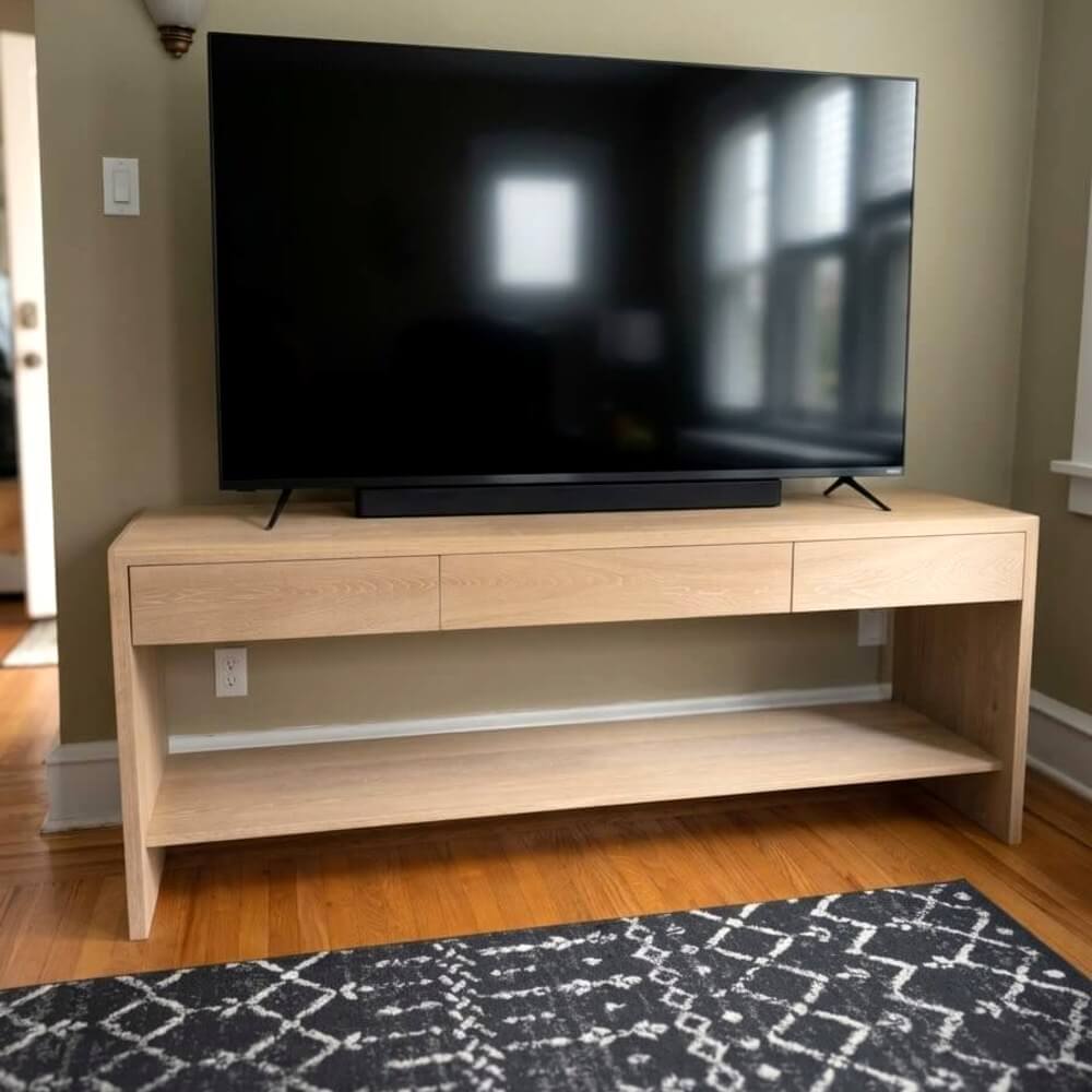Handmade white oak media console with drawers by Canterbury Woods Creations