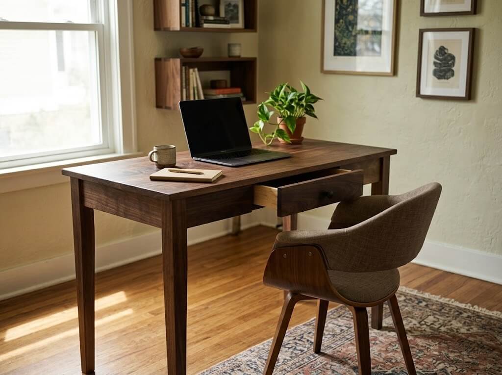 Shaker style writing desk in solid black walnut with drawer and tapered legs in a home office